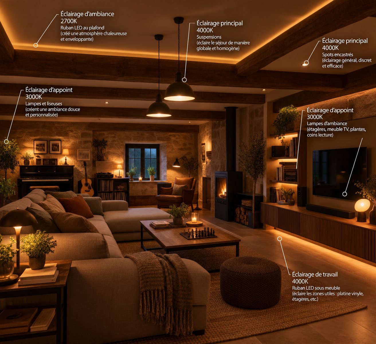 Mise en lumière d'un salon : ruban LED au plafond 2700K, suspensions et spots encastrés 4000K, lampes d'appoint 3000K, ruban LED sous meuble TV — électricien en Maine-et-Loire